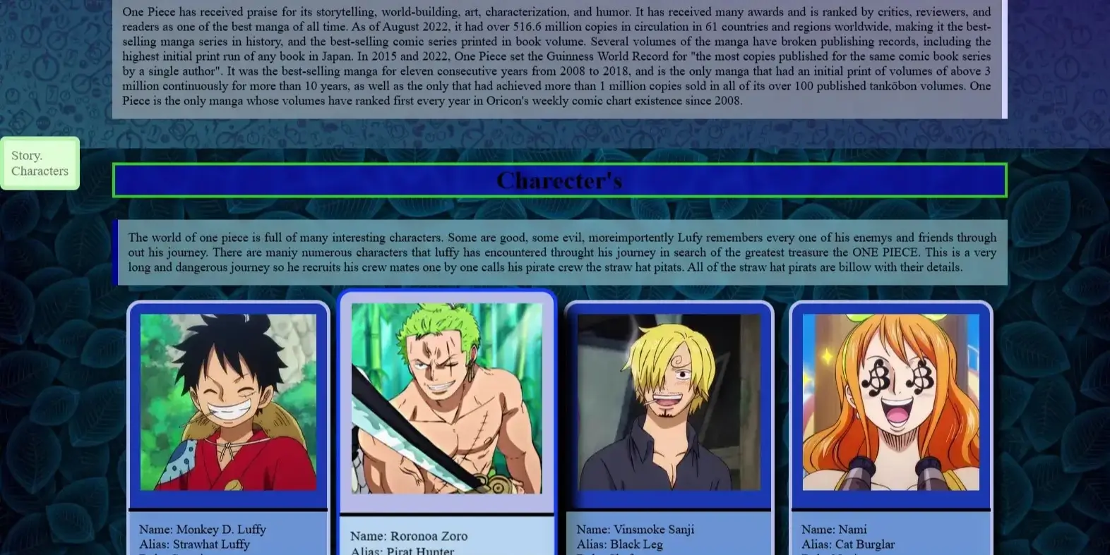 screenshot of one piece anime website showing skillfully crafted cards for all the characters.
